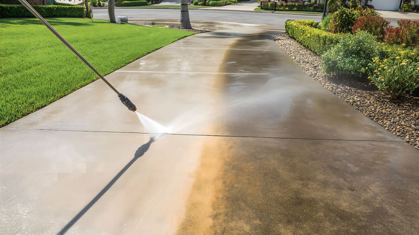 Pressure washer wand cleaning a driveway, with the cleaned half much lighter than the dirty half
