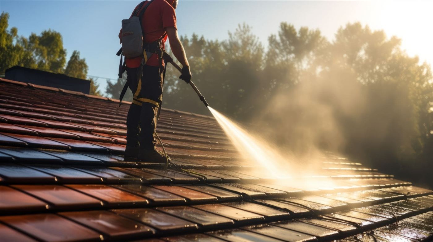 Technician cleaning a tile roof